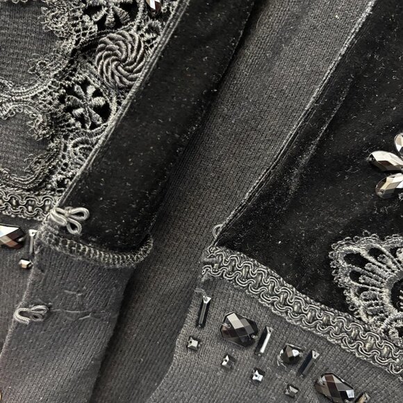 Chico's 2 Embellished Cardigan Sweater (Large) Black Velvet Beaded Lace Jacket - Picture 10 of 13